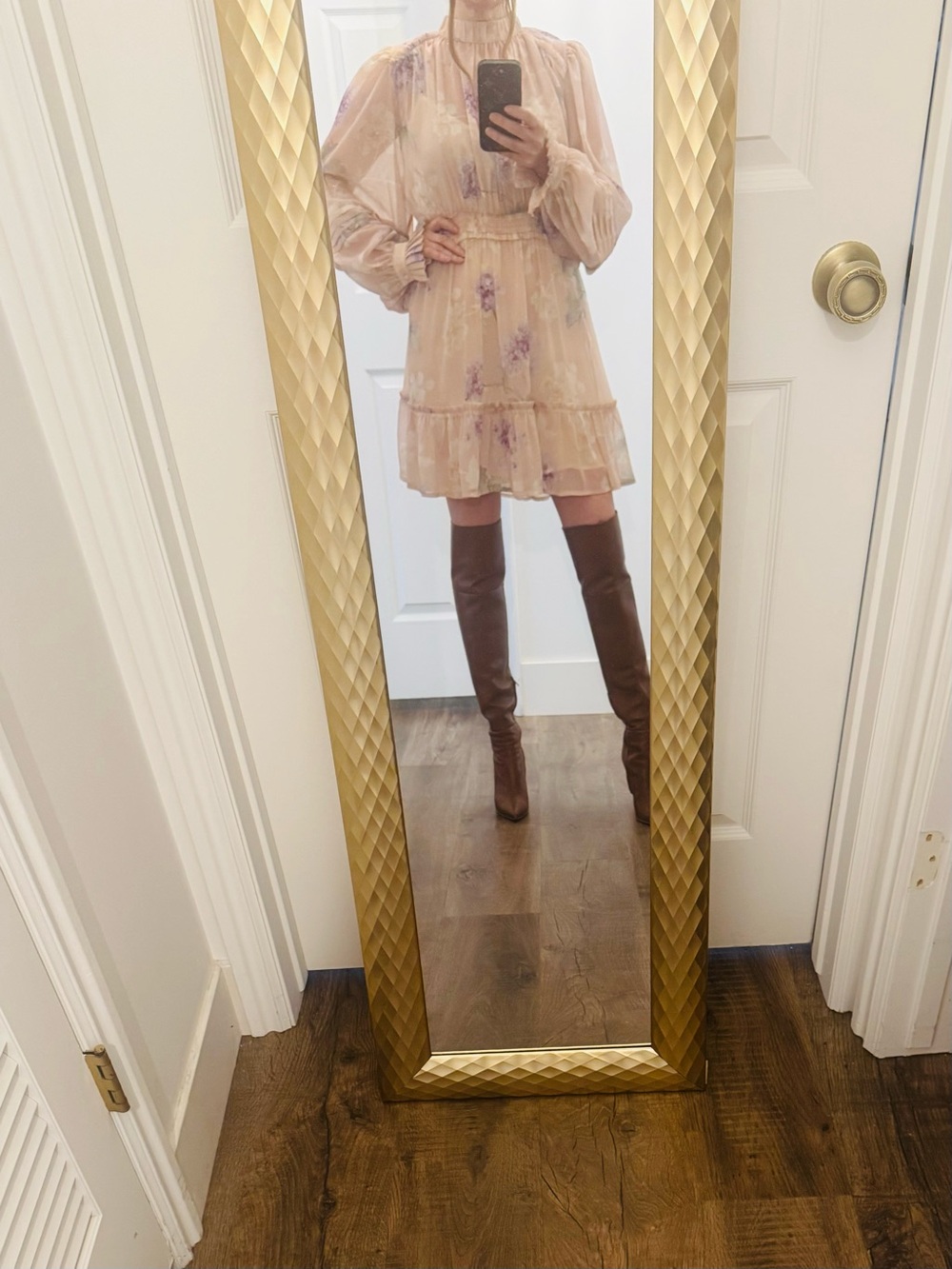 Karen Millen Light Pink Floral Long-Sleeve Mini Dress